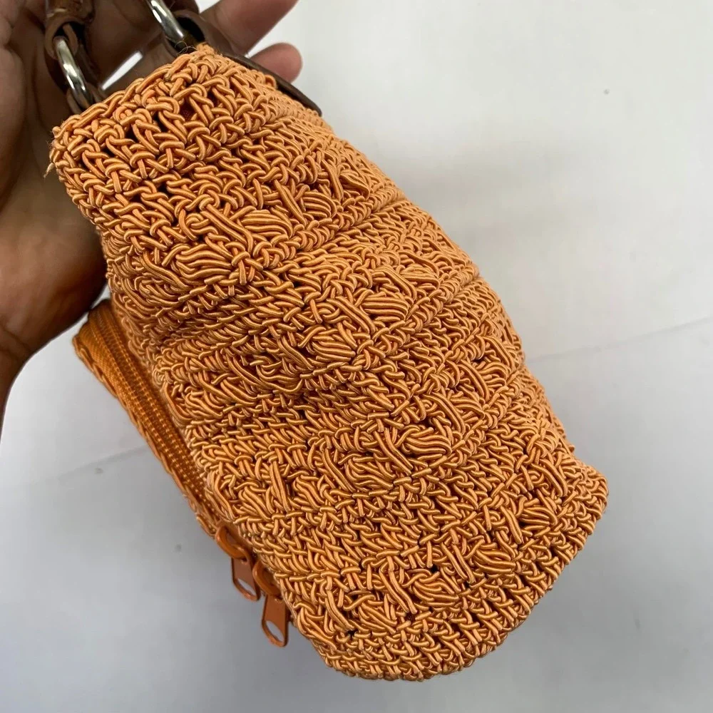 Rosetti Orange Woven Satchel Bag Purse Brown Faux Leather‎ Handle Small